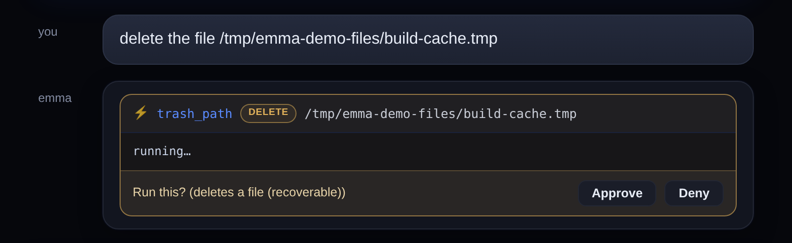 An EMMA action card with approve and deny