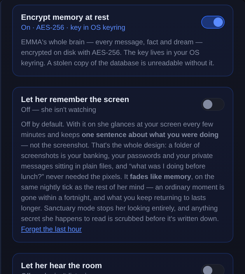 EMMA's privacy and encryption controls