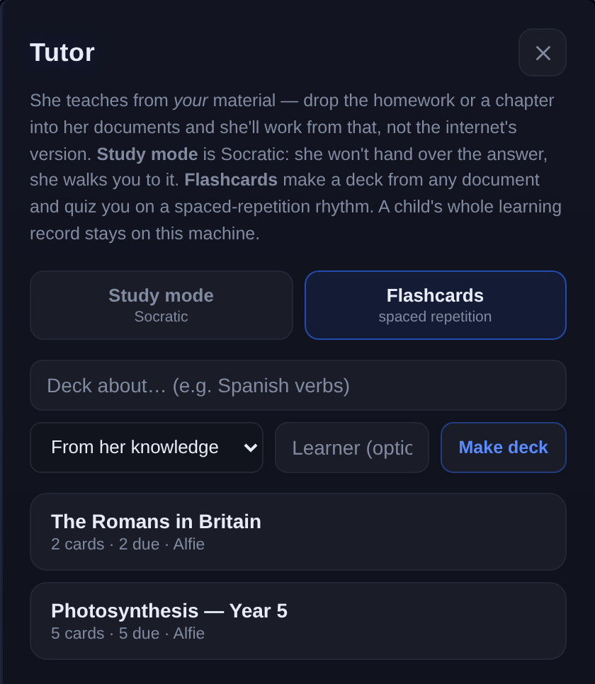 EMMA's tutor panel showing spaced-repetition flashcard decks for a learner