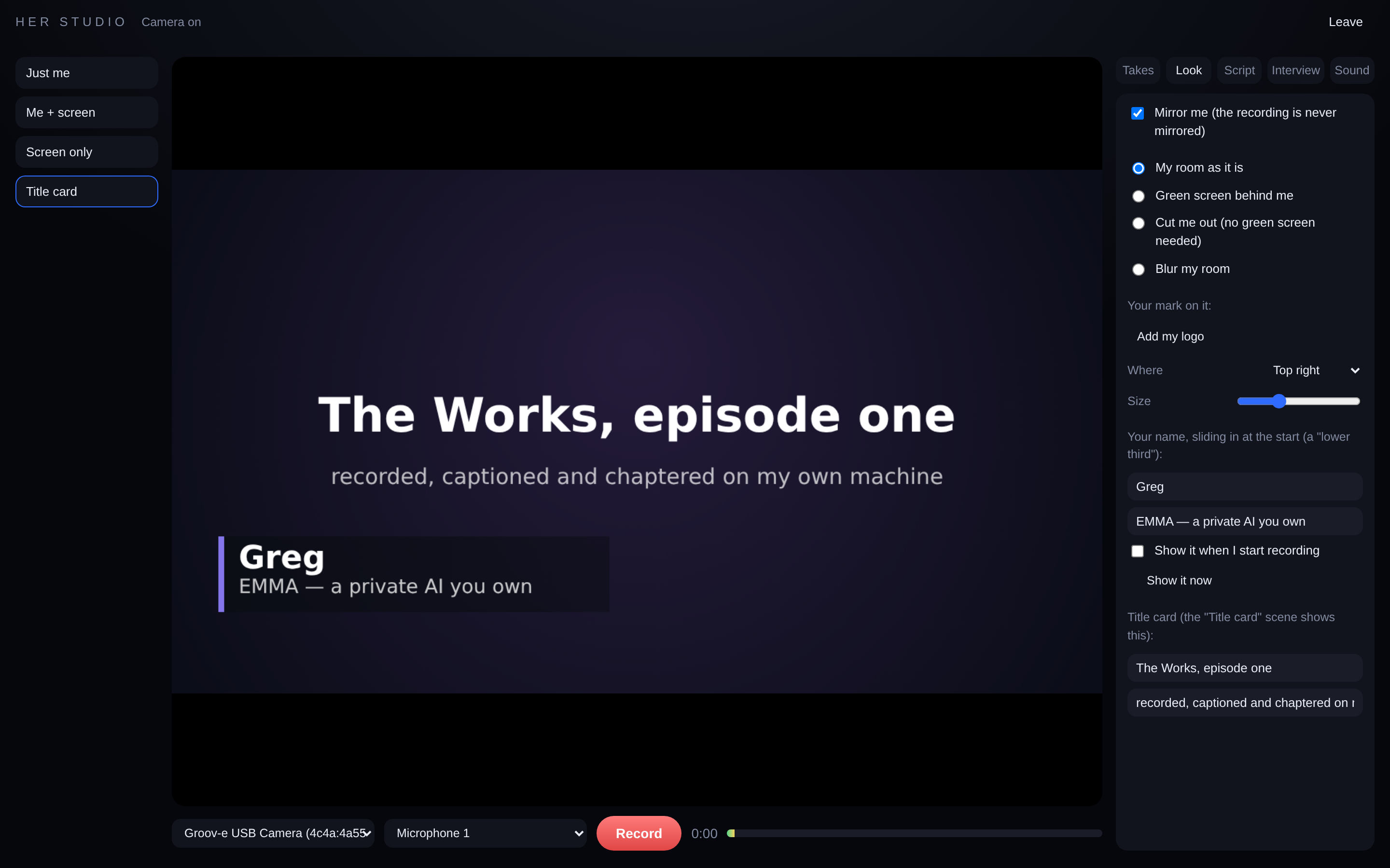 Her Studio: a title card on the stage with a lower third reading Greg, EMMA — a private AI you own, scenes down the left and the Look panel on the right
